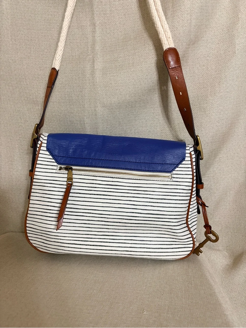 Fossil Cowhide Leather Nautical Stripe Shoulder Bag Blue White Adjustable Strap